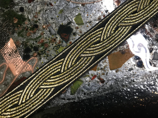 Metallic Gold on Black Background - Embroidered Jacquard Ribbon - 7/8" Wide.