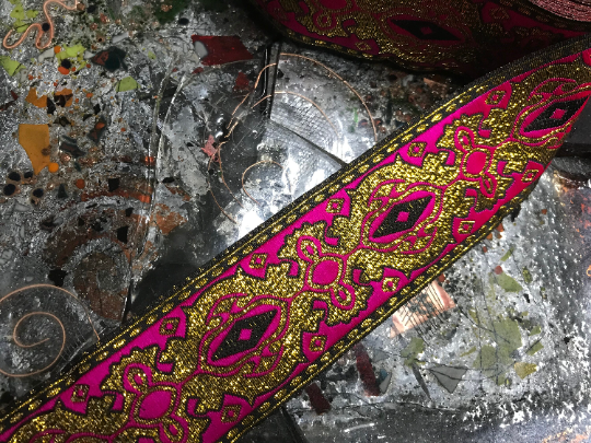 Metallic Rose Red & Gold - Embroidered Jacquard Ribbon - 1 7/8" Wide.