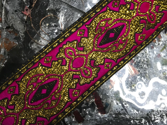 Metallic Rose Red & Gold - Embroidered Jacquard Ribbon - 1 7/8" Wide.