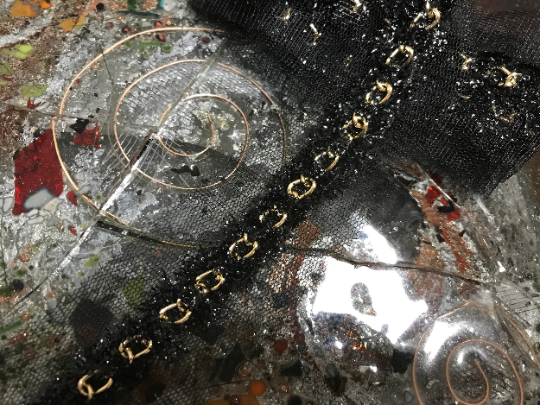 Black on Black Tulle w/Gold Chain -Hand Maid French Trim - 4 cm Wide.