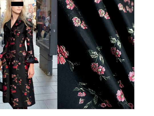 Multi Colors Floral w/Gold Filigree on Black Background -  3D Italian Jacquard Fabric - 140 cm Wide.