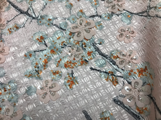 Pale Pink Floral with Flowers Appliques and Glass Beads - French Tweed - 150 cm Wide.