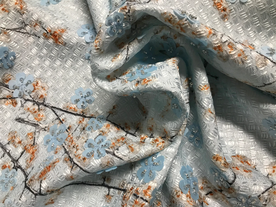 Pale Blue Floral with Flowers Appliques and Glass Beads - French Tweed - 150 cm Wide.