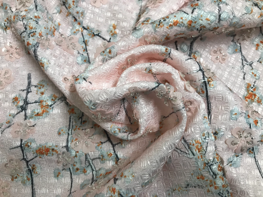 Pale Pink Floral with Flowers Appliques and Glass Beads - French Tweed - 150 cm Wide.