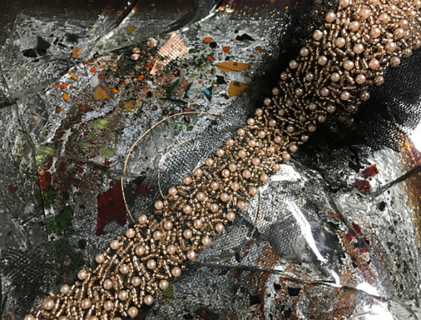 Champagne Pearls and Glass Beads  on Black Tulle -  Handmade Beaded  Trim -  3.2 cm Wide.