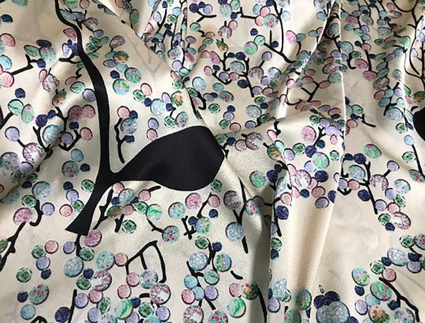 Multi Color Print on a ButterCream Background - Italian Stretch Silk Satin - 19 MM - 120 cm Wide.