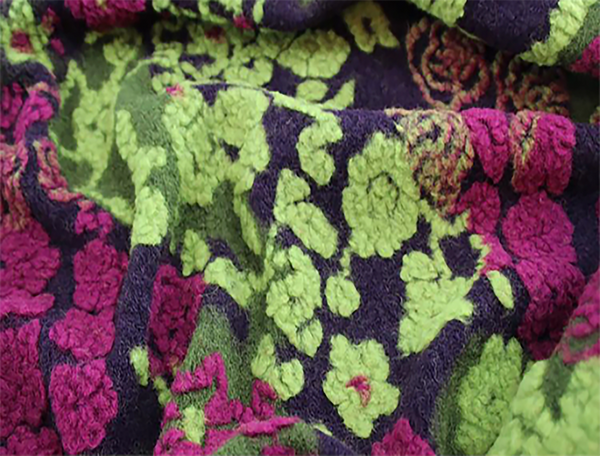 Fuchsia/Green on Purple Background - Italian Boucle Woolen - 150 cm Wide.