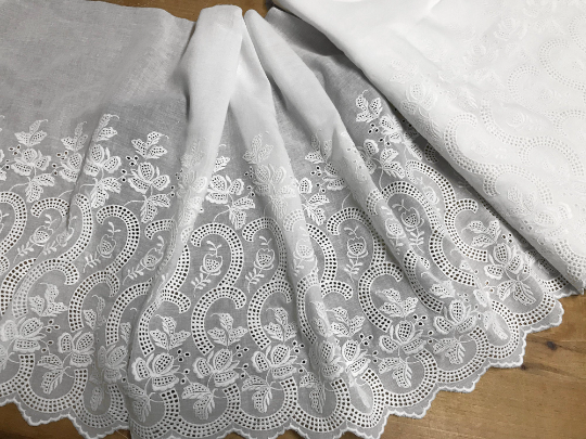 Natural White on Natural White Cotton Voile  - Broderie Anglaise  Lace - 47 cm Wide.
