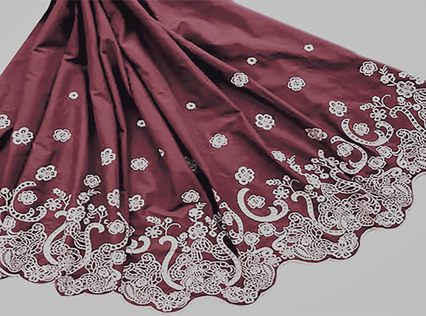Beige Embroidery on Burgundy - Double Border - Broderie Anglaise - 140 cm Wide.