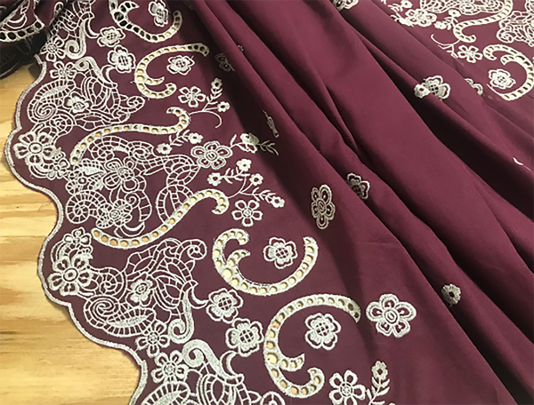 Beige Embroidery on Burgundy - Double Border - Broderie Anglaise - 140 cm Wide.