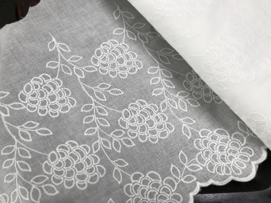 White on Natural White Hydrangeas  Broiderie Anglaise - Cotton Voile - 33 cm Wide.