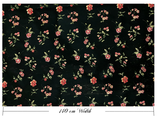 Multi Colors Floral w/Gold Filigree on Black Background -  3D Italian Jacquard Fabric - 140 cm Wide.