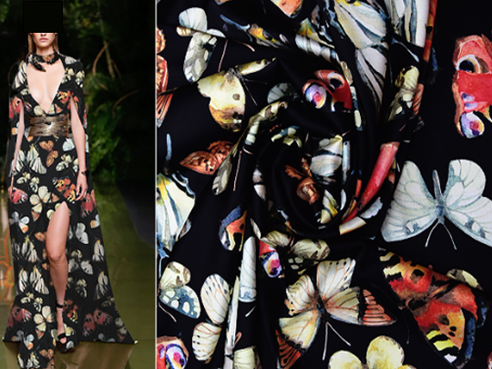 Multi Colors  Butterflies on Black Background - Stretch Mulberry Silk Satin - 19 MM - 108 cm Wide.