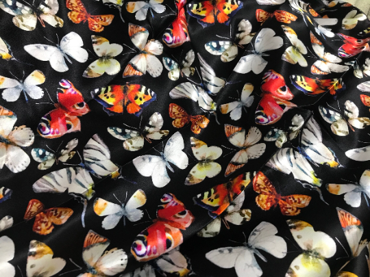 Multi Colors  Butterflies on Black Background - Stretch Mulberry Silk Satin - 19 MM - 108 cm Wide.