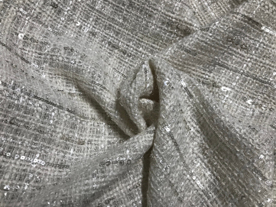 Off White w/Sequins and Glass Beads - French Tweed -150 cm Wide.