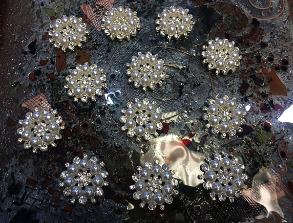 Pearls and Crystal on Silver Alloy Backing Buttons -  28 mm across.