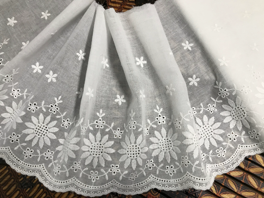 White Sunflowers Broiderie Anglaise on Cotton Voile, 24 cm Wide.