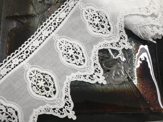 Natural White Embroidery on White Background -  Broderie Anglaise Lace on  Cotton Voile - 15 cm Wide.