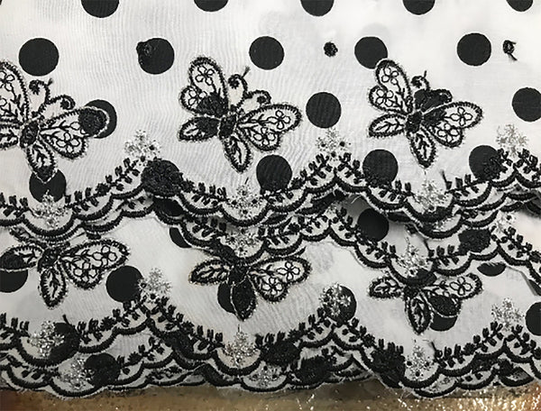 Butterflies Embroidery on Black/White Polka Dots with Silver Threads Accent -  Broderie Anglaise -  Cotton  - 12 cm Wide.cm Wide.