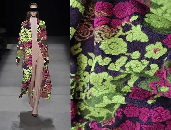 Fuchsia/Green on Purple Background - Italian Boucle Woolen - 150 cm Wide.