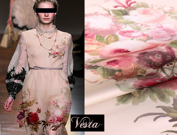 Floral Print on Natural Beige Silk Organza,  100%  Mulberry Silk, 20 MM.