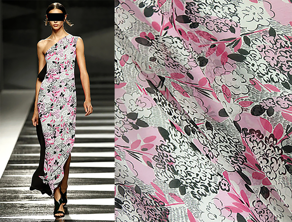 Shades of Pink Black Grey Floral on Natural White Background Silk Georgette, 14 mm Weight,  100%  Mulberry Silk 114 cm Wide.