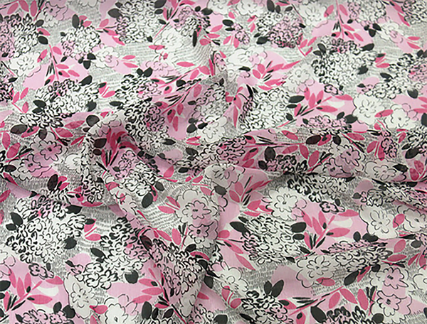 Shades of Pink Black Grey Floral on Natural White Background Silk Georgette, 14 mm Weight,  100%  Mulberry Silk 114 cm Wide.