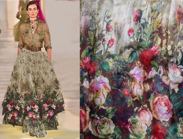 Multi Color Roses Floral on Ombre Beige Background - Italian Silk Chiffon - 8 MM, 138 cm Wide.