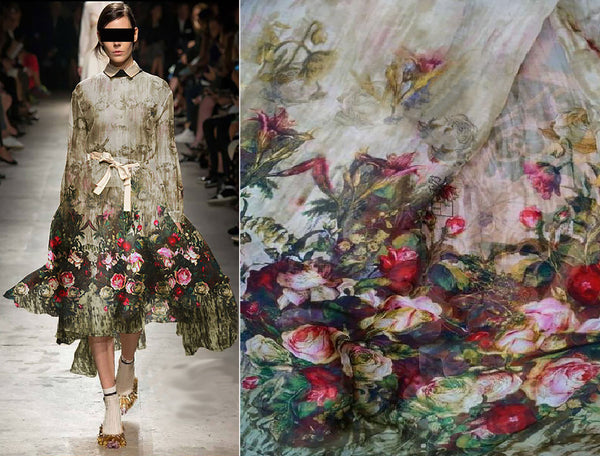 Multi Color Roses Floral on Ombre Beige Background - Italian Silk Chiffon - 8 MM, 138 cm Wide.