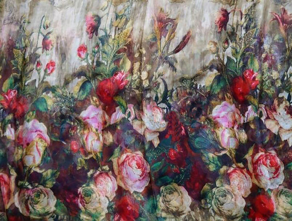 Multi Color Roses Floral on Ombre Beige Background - Italian Silk Chiffon - 8 MM, 138 cm Wide.