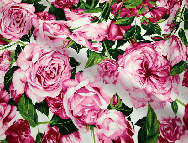 Shades of Pink/Raspberry/Green Floral Floral Print on White Background - Italian Cotton Poplin -147 cm Wide.