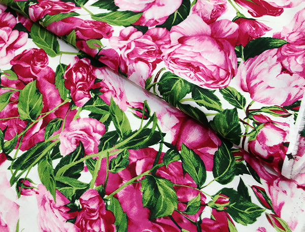 Shades of Pink/Raspberry/Green Floral Floral Print on White Background - Italian Cotton Poplin -147 cm Wide.