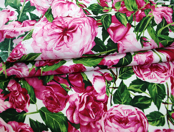 Shades of Pink/Raspberry/Green Floral Floral Print on White Background - Italian Cotton Poplin -147 cm Wide.
