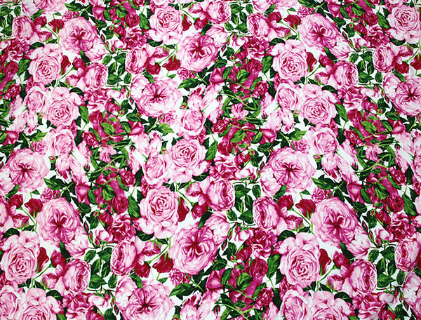 Shades of Pink/Raspberry/Green Floral Floral Print on White Background - Italian Cotton Poplin -147 cm Wide.