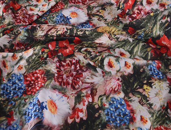 Multi Color Floral - Italian Stretch Silk Mate Satin - 19 MM - 108 cm Wide.
