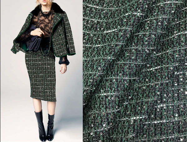 Green/Black/ White  with Small Silver Sequins - French Tweed - 148 cm Wide - WIKILACES