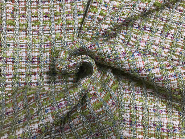 Multi Color Green/Blue/Pink/Purple/White/Silver Treads - French Tweed - 150 cm Wide.
