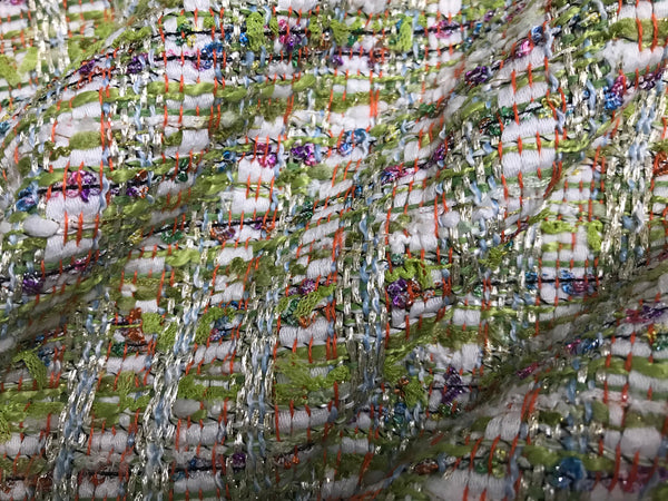 Multi Color Green/Blue/Pink/Purple/White/Silver Treads - French Tweed - 150 cm Wide.
