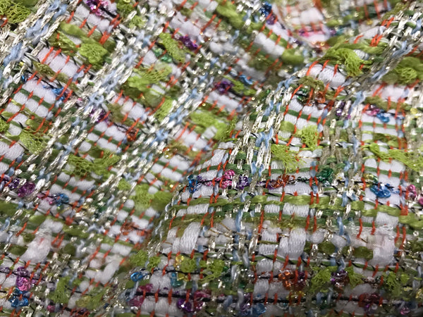 Multi Color Green/Blue/Pink/Purple/White/Silver Treads - French Tweed - 150 cm Wide.