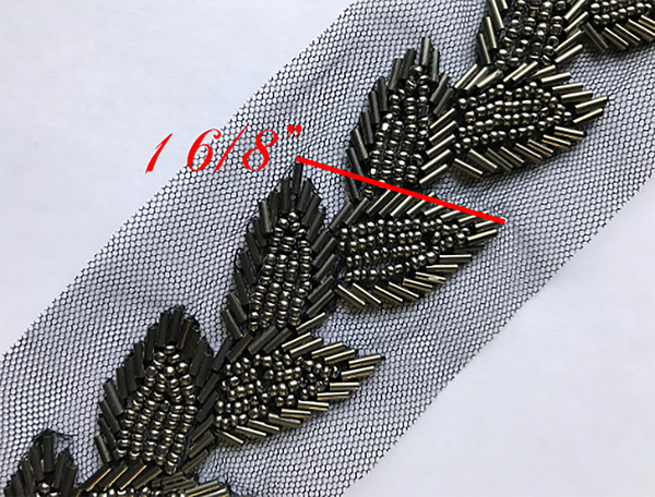 Gun Powder on Black Tulle -  Handmade Beaded  French Trim -1 6/8" Wide.