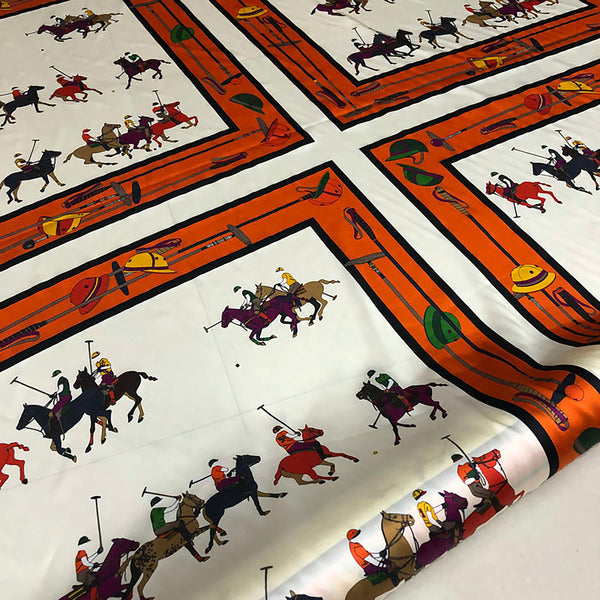 Equestrian Print on Off White Background, French Stretch Silk Satin - 19 mm - Panels of: 68 cm length x 140 cm Width.
