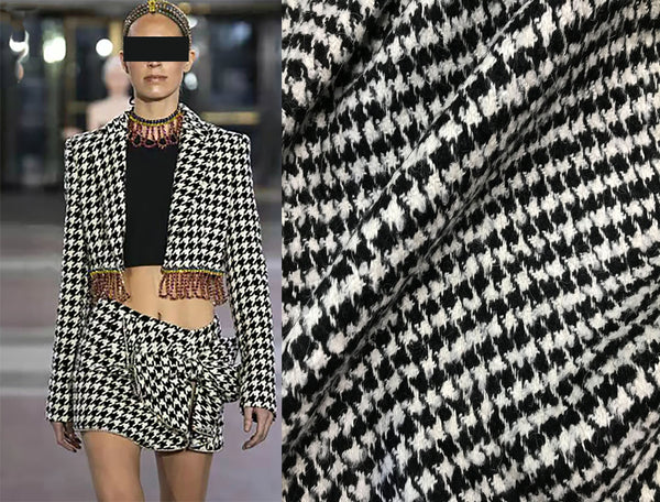 Black and Off White Houndstooth Italian Woolen - 150 cm Wide.