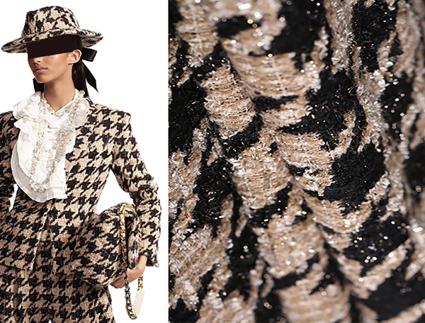 Black/Tannish Houndstooth - Shimmering French Tweed - 150 cm Wide.