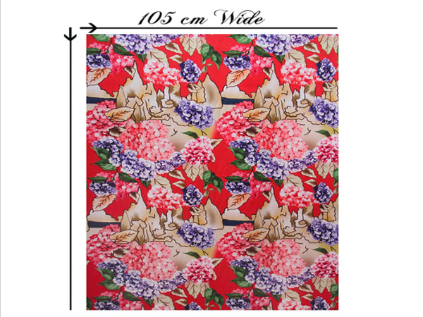 Multi Color  Hydrangeas Floral Print on Tomato Red  Background - 19 MM - Stretch Silk Satin - 105 cm Wide. - WIKILACES