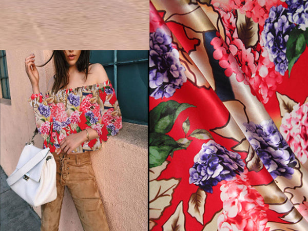 Multi Color  Hydrangeas Floral Print on Tomato Red  Background - 19 MM - Stretch Silk Satin - 105 cm Wide. - WIKILACES