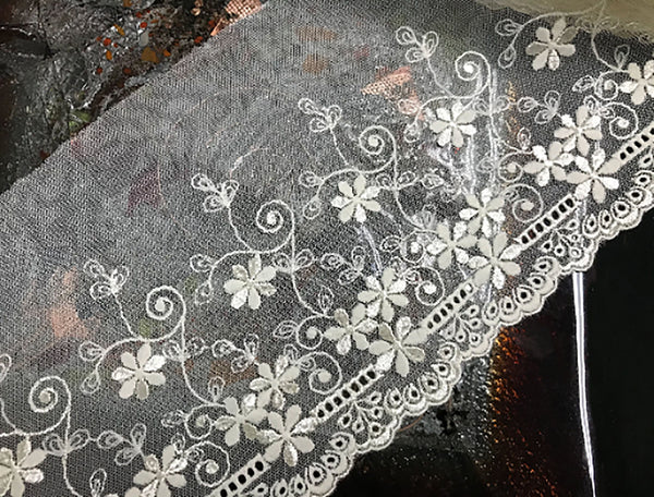 Ivory Embroidery on Ivory Soft tulle background - Italian Lace - 12 cm Wide.