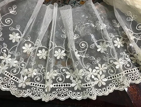 Ivory Embroidery on Ivory Soft tulle background - Italian Lace - 12 cm Wide.