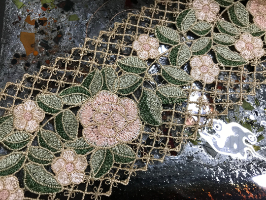 Shades of Green and Light Peach on Tan Lattice Background Lace.