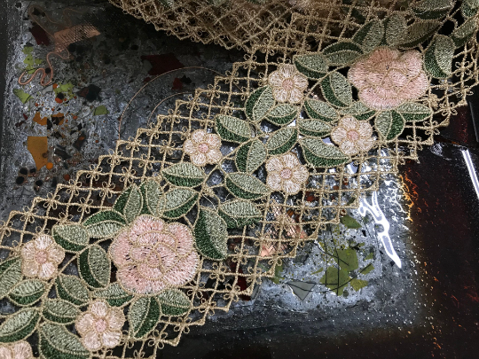 Shades of Green and Light Peach on Tan Lattice Background Lace.