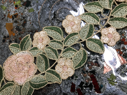 Shades of Green and Light Peach on Tan Lattice Background Lace.